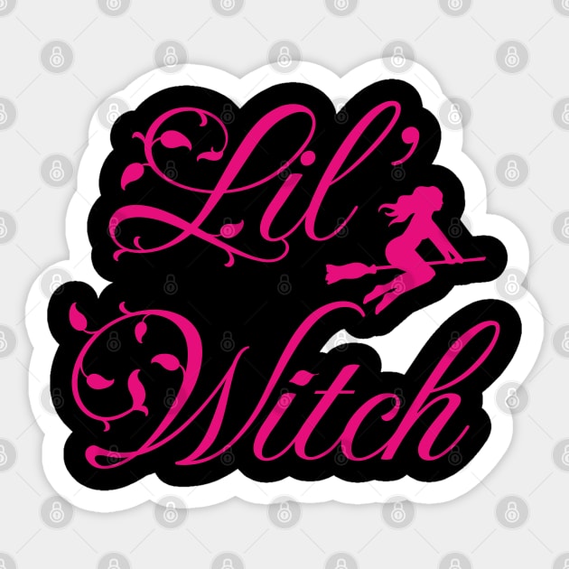 Lil' witch; little witch; girl; Halloween; trick or treater; cute; hot pink; black; witches; broom; magic; Sticker by Be my good time